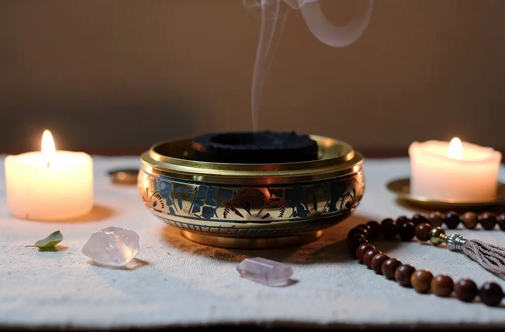 Brûleur d'encens décoratif en laiton sur un autel de méditation spirituelle