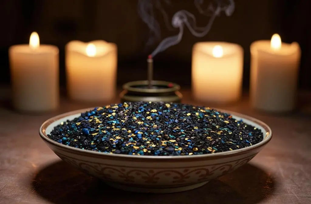 Résine d'encens aux reflets dorés dans un bol rituel sur un autel de méditation spirituelle.