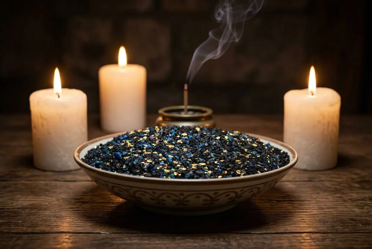 Bol de sel rituel noir et cristaux colorés posé sur un autel en bois entouré de bougies blanches allumées pour un rituel d'intention.