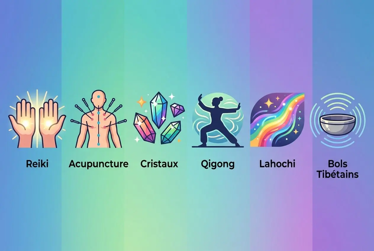 Illustration montrant divers soins énergétiques: Reiki, Acupuncture, Cristaux, Qigong, Lahochi et Bols Tibétains sur fond dégradé pastel. Qu'est-ce qu'un soin énergétique est évoqué.