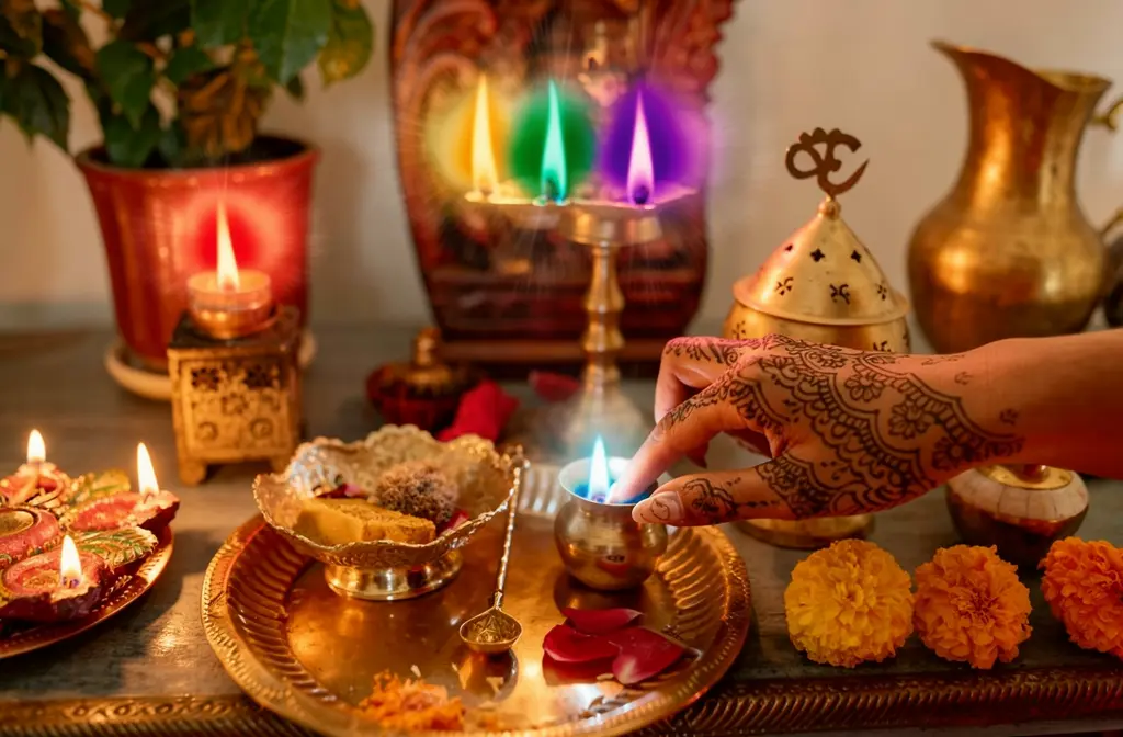Mains henné allumant des bougies rituelles en laiton sur un plateau cérémoniel doré entouré de fleurs.