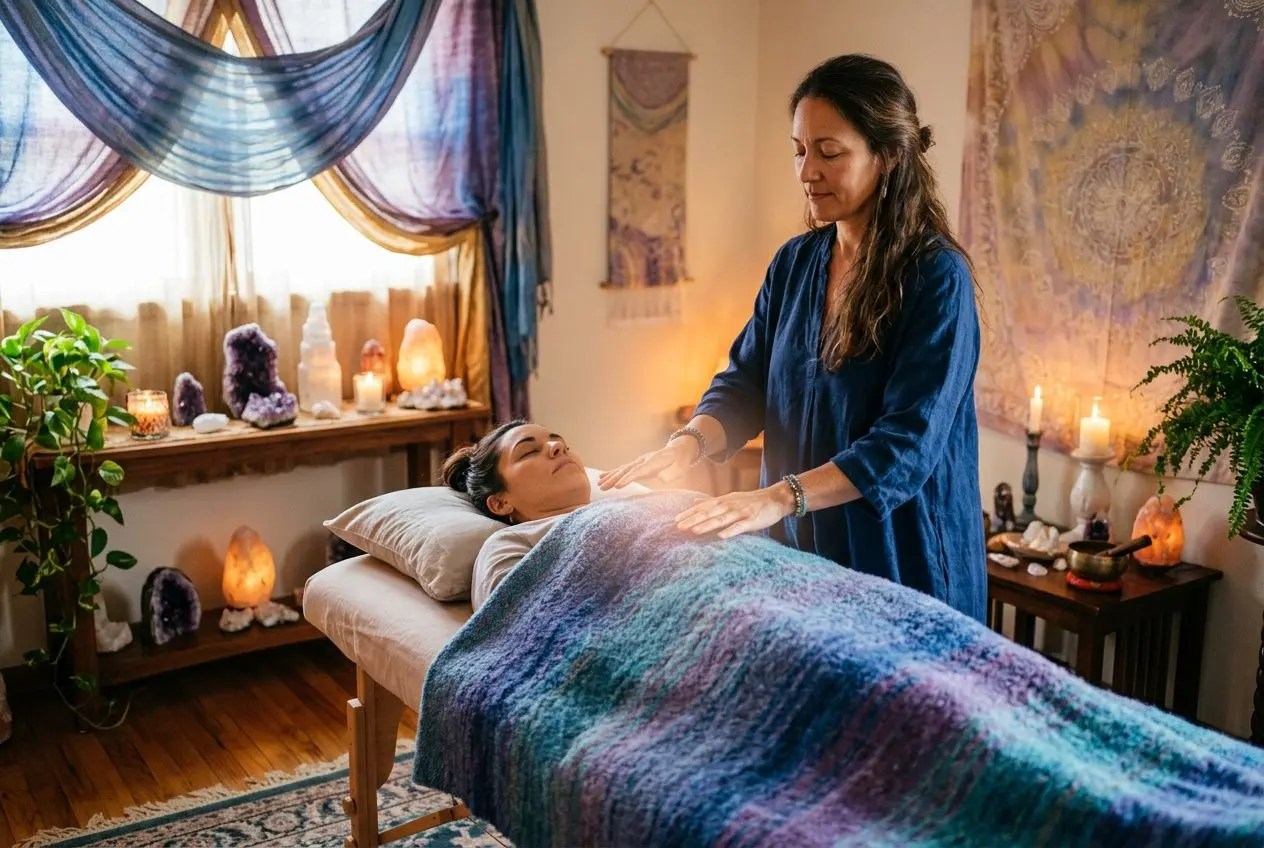 Une praticienne effectue un soin énergétique sur une personne allongée sur une table, ambiance zen et lumineuse. Qu'est-ce qu'un soin énergétique est au centre de l'image.