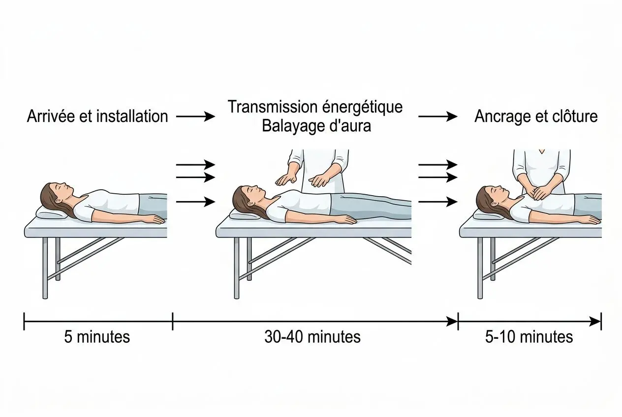 Schéma d’un soin énergétique sur une personne allongée: arrivée, transfert d’énergie et balayage d’aura, puis ancrage et clôture. Durée indicatives.